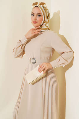 İki Yanı Piliseli Elbise Bej - Tesettür Elbise