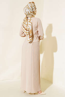 İki Yanı Piliseli Elbise Bej - Tesettür Elbise