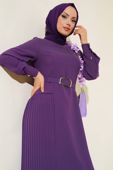 İki Yanı Piliseli Elbise Mor - Tesettür Elbise