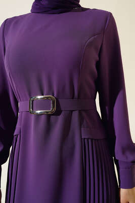 İki Yanı Piliseli Elbise Mor - Tesettür Elbise