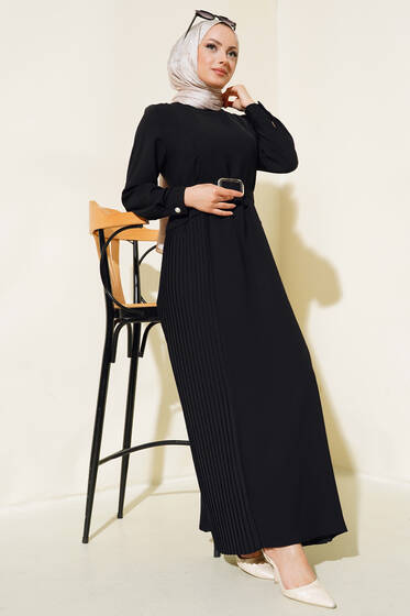 İki Yanı Piliseli Elbise Siyah - Tesettür Elbise