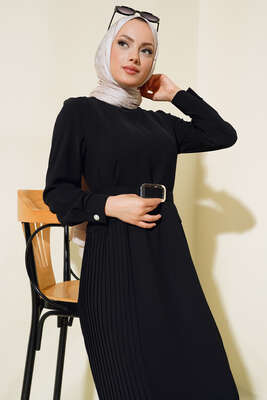 İki Yanı Piliseli Elbise Siyah - Tesettür Elbise