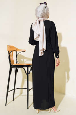 İki Yanı Piliseli Elbise Siyah - Tesettür Elbise