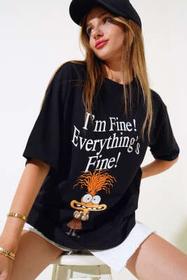 I'm Fine Baskılı T-shirt Siyah - Kadın Giyim Modelleri