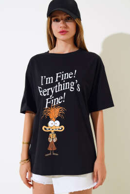 I'm Fine Baskılı T-shirt Siyah - Kadın Giyim Modelleri