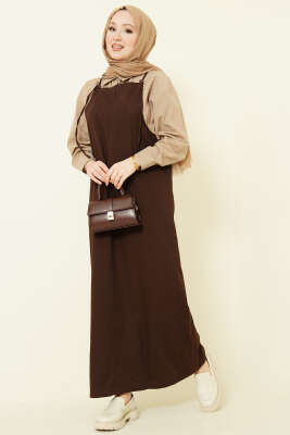 İnce Askı Detaylı Jile Elbise Kahve - VAV TEKSTİL