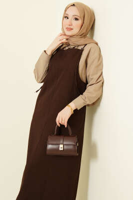 İnce Askı Detaylı Jile Elbise Kahve - Elbise