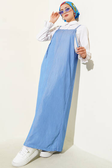 İnce Askı Detaylı Jile Elbise Mavi - Elbise