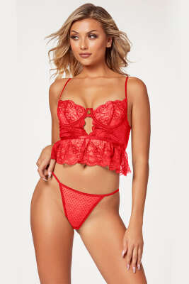 İnce Askılı Dantelli Fantezi İç Giyim Kırmızı - Fantezi İç Giyim