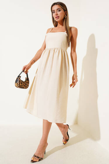 İnce Askılı Gipeli Elbise Bej - Kadın Giyim Modelleri