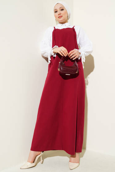 İnce Askılı Jile Elbise Bordo - Elbise