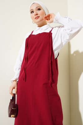 İnce Askılı Jile Elbise Bordo - Tesettür Elbise