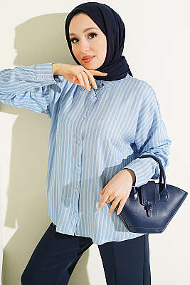 İnce Çift Çizgili Viskon Gömlek Mavi - BIGDART