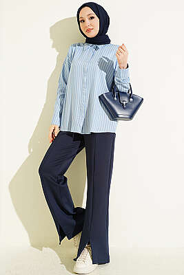 İnce Çift Çizgili Viskon Gömlek Mavi - Gömlek