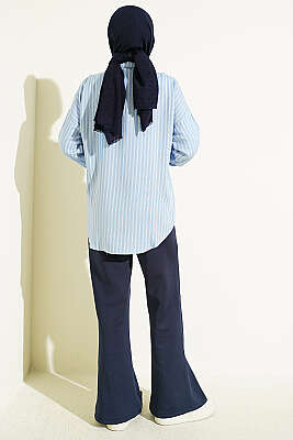 İnce Çift Çizgili Viskon Gömlek Mavi - Gömlek