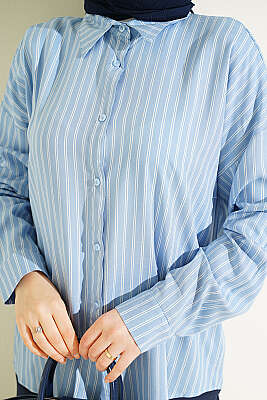 İnce Çift Çizgili Viskon Gömlek Mavi - Gömlek