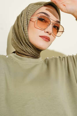 İnce Çizgi Desenli Demore Eşarp Çağla Yeşili - Başörtüsü