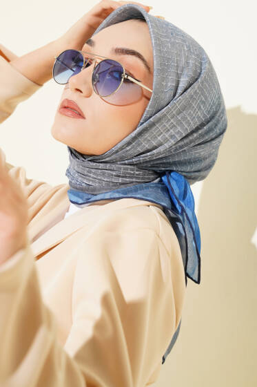 İnce Çizgi Desenli Demore Eşarp İndigo - Başörtüsü