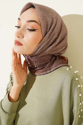 İnce Çizgi Desenli Demore Eşarp Vizon 