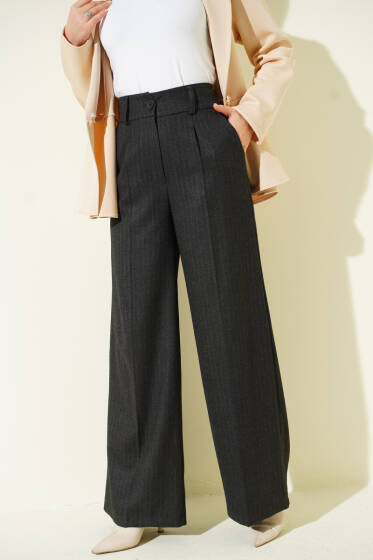 İnce Çizgi Detay Geniş Paça Pantolon Antrasit - Pantolon