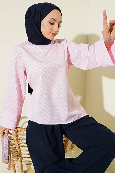 İnce Çizgili Asimetrik Kesim Tunik Pembe - Tunik