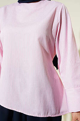 İnce Çizgili Asimetrik Kesim Tunik Pembe - Tunik