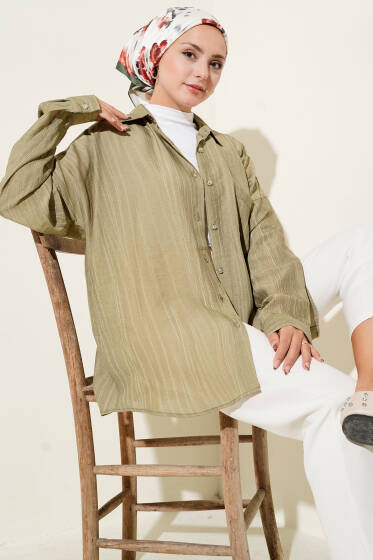 İnce Çizgili Basic Gömlek Haki - Gömlek