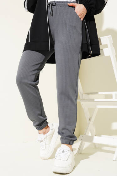 İnce Çizgili Bel İpli Jogger Pantolon Füme - Pantolon