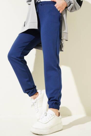 İnce Çizgili Bel İpli Jogger Pantolon Lacivert - Pantolon