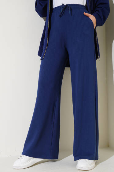İnce Çizgili Bel Lastikli Pantolon Lacivert - Pantolon