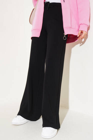 İnce Çizgili Bel Lastikli Pantolon Siyah - Pantolon