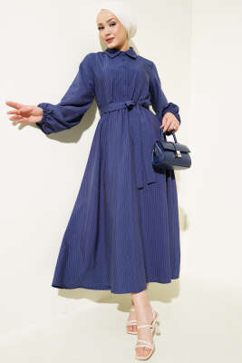İnce Çizgili Bel Lastikli Yarım Düğmeli Elbise Lacivert