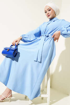 İnce Çizgili Bel Lastikli Yarım Düğmeli Elbise Mavi 