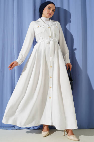 İnce Çizgili Boydan Düğmeli Elbise Beyaz - Elbise