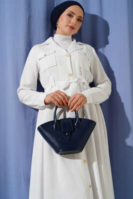 İnce Çizgili Boydan Düğmeli Elbise Beyaz - Elbise