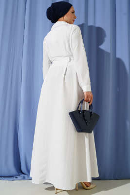 İnce Çizgili Boydan Düğmeli Elbise Beyaz - Elbise