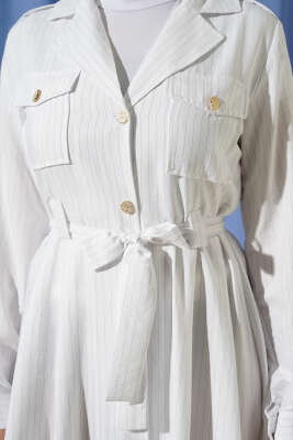 İnce Çizgili Boydan Düğmeli Elbise Beyaz - Elbise