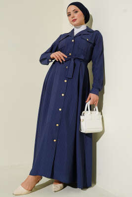 İnce Çizgili Boydan Düğmeli Elbise Lacivert - BERAT TEKSTİL