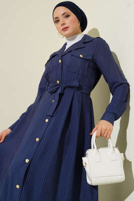 İnce Çizgili Boydan Düğmeli Elbise Lacivert - Elbise