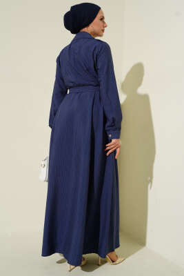 İnce Çizgili Boydan Düğmeli Elbise Lacivert - Elbise