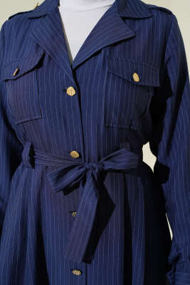 İnce Çizgili Boydan Düğmeli Elbise Lacivert - Elbise