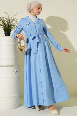 İnce Çizgili Boydan Düğmeli Elbise Mavi - BERAT TEKSTİL