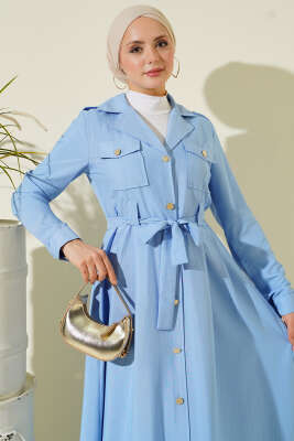 İnce Çizgili Boydan Düğmeli Elbise Mavi - Elbise