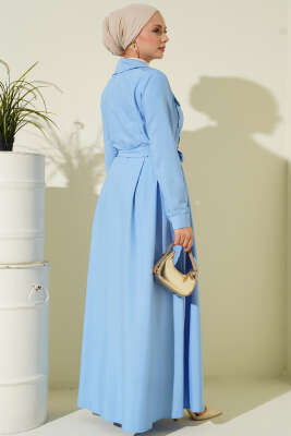 İnce Çizgili Boydan Düğmeli Elbise Mavi - Elbise