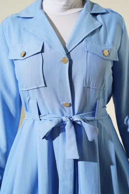 İnce Çizgili Boydan Düğmeli Elbise Mavi - Elbise