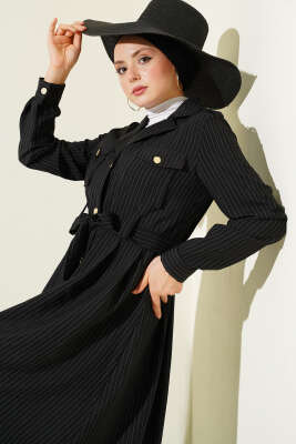 İnce Çizgili Boydan Düğmeli Elbise Siyah - BERAT TEKSTİL