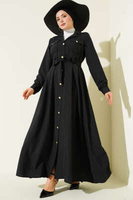 İnce Çizgili Boydan Düğmeli Elbise Siyah - Elbise