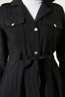 İnce Çizgili Boydan Düğmeli Elbise Siyah - Elbise