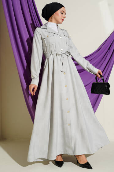 İnce Çizgili Boydan Düğmeli Elbise Taş - Elbise