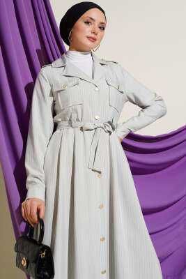 İnce Çizgili Boydan Düğmeli Elbise Taş - Elbise